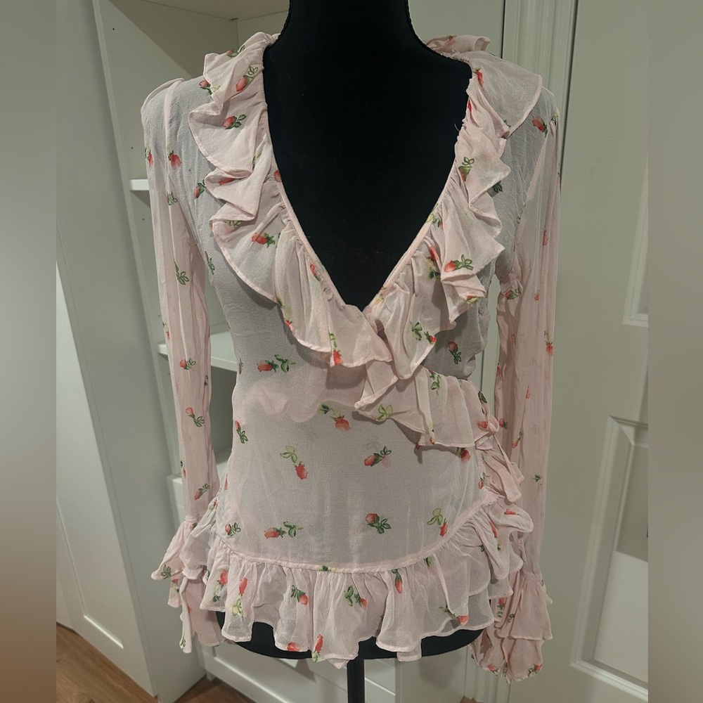 Moda International Pink Floral Ruffle Blouse 100% Silk